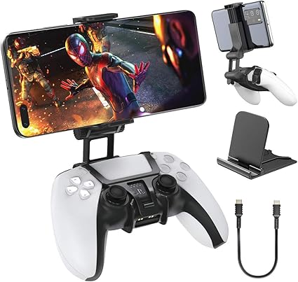Play mobile games like a pro! Attach your phone to your PS5 controller with this sturdy clip mount. Includes stand & cable – perfect for cloud gaming!